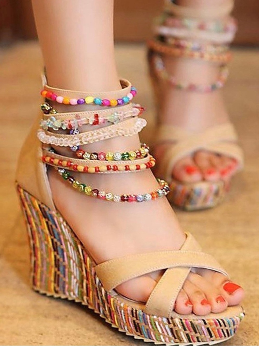 getmorebeauty Wedge Sandals With Pearls Across The Top Platform